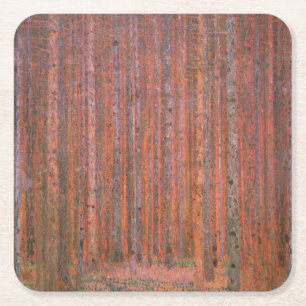 Gustav Klimt Fir Forest Tannenwald Red Trees Square Paper Coaster