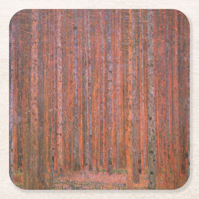 Gustav Klimt Fir Forest Tannenwald Red Trees Square Paper Coaster (Front)