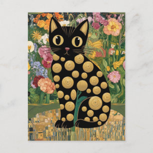 Gustav Klimt Floral Black Cat Modern Eclectic Art Postcard