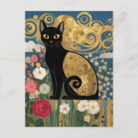 Gustav Klimt Floral Black Cat, Modern Eclectic Art