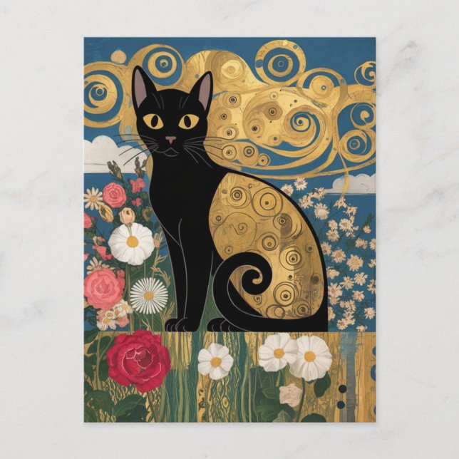 Gustav Klimt Floral Black Cat, Modern Eclectic Art Postcard (Front)