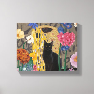 Gustav Klimt Floral Black Cat, Vintage Eclectic Canvas Print