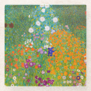 Gustav Klimt Flower Garden Cottage Art Nouveau Glass Coaster