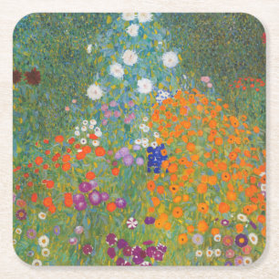 Gustav Klimt Flower Garden Cottage Nature Square Paper Coaster