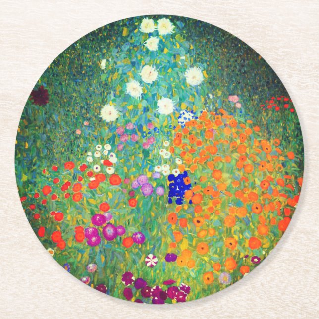 Gustav Klimt Flower Garden Round Paper Coaster (Front)
