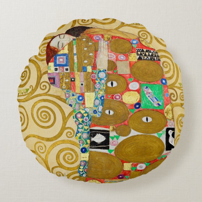 Gustav Klimt Fulfilment Nouveau Couple Round Pillow (Front)