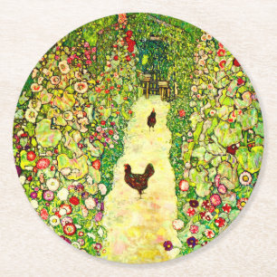 Gustav Klimt Garden with Chickens Round Paper Coaster