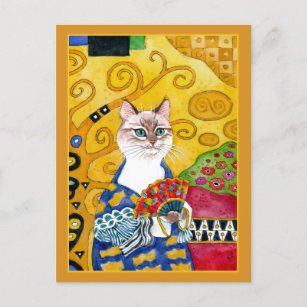 Gustav Klimt gold cute cat with fan spoof postcard