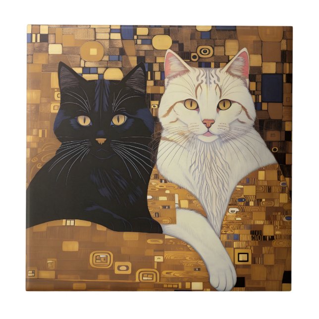 Gustav Klimt Inspired Two Cats In Bed Tile (Front)