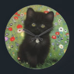 Gustav Klimt Kitten Large Clock<br><div class="desc">Clock featuring a Gustav Klimt kitten! This black kitty wears a silver collar and sits in a field of red,  blue,  white,  and yellow flowers. A wonderful gift for cat lovers and Austrian art enthusiasts!</div>