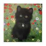 Gustav Klimt Kitten Tile<br><div class="desc">Ceramic Tile featuring a Gustav Klimt kitten! This black kitty wears a silver collar and sits in a field of red,  blue,  white,  and yellow flowers. A wonderful gift for cat lovers and Austrian art enthusiasts!</div>