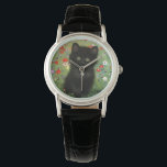 Gustav Klimt Kitten Watch<br><div class="desc">Watch featuring a Gustav Klimt kitten! This black kitty wears a silver collar and sits in a field of red,  blue,  white,  and yellow flowers. A wonderful gift for cat lovers and Austrian art enthusiasts!</div>