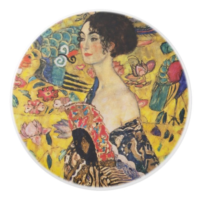 Gustav Klimt Lady With Fan Art Nouveau Painting Ceramic Knob (Front)