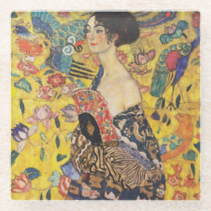 Gustav Klimt Lady With Fan Art Nouveau Painting Glass Coaster