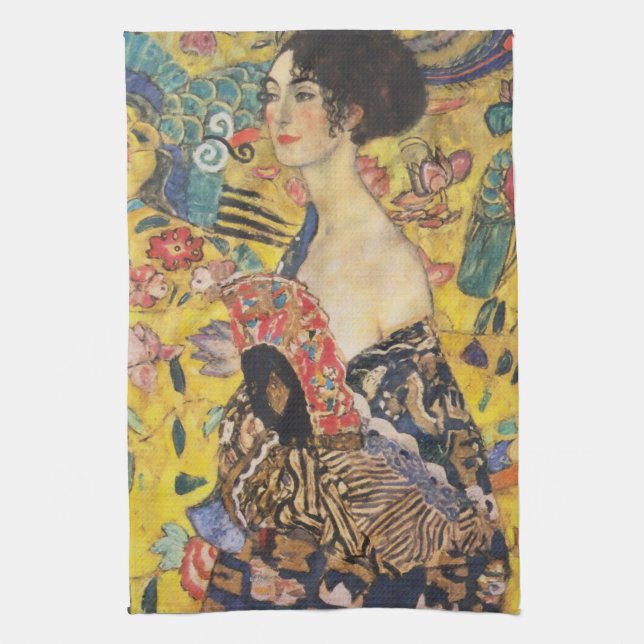 Gustav Klimt Lady With Fan Art Nouveau Painting Kitchen Towel (Vertical)