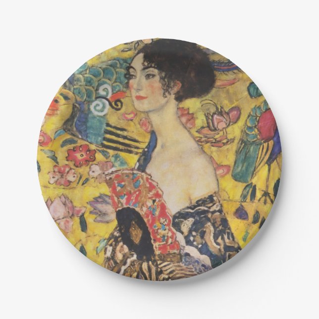 Gustav Klimt Lady With Fan Art Nouveau Painting Paper Plate (Front)