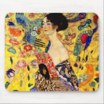 Gustav Klimt Lady with Fan Mouse Pad<br><div class="desc">Mouse Pad featuring Gustav Klimt’s oil painting Lady with Fan (1918). A woman wearing a blue kimono holds a red fan against a colourful yellow background of flowers and peacocks. A great gift for fans of Japonisme and European art.</div>