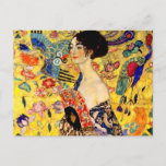 Gustav Klimt Lady with Fan Postcard<br><div class="desc">Postcard featuring Gustav Klimt’s oil painting Lady with Fan (1918). A woman wearing a blue kimono holds a red fan against a colourful yellow background of flowers and peacocks. A great gift for fans of Japonisme and European art.</div>