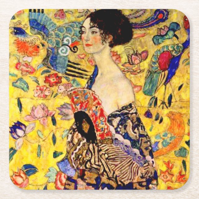 Gustav Klimt Lady with Fan Square Paper Coaster (Front)
