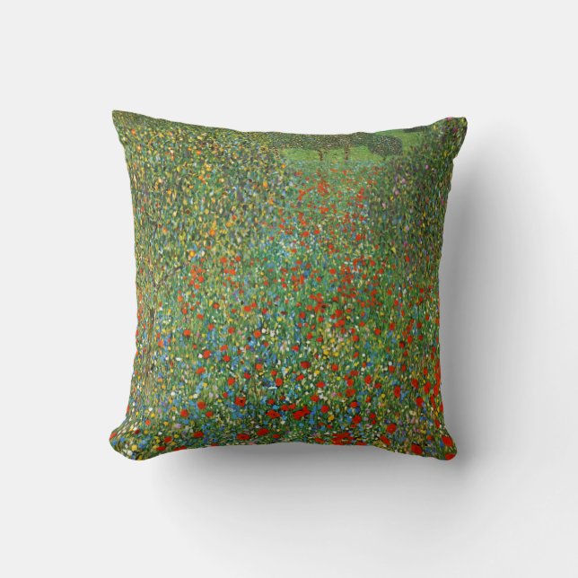 Gustav Klimt Poppy Field Throw Pillow (Front)