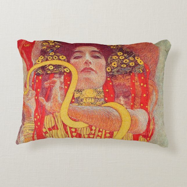 Gustav Klimt Red Woman Gold Snake Painting Accent Pillow (Back)