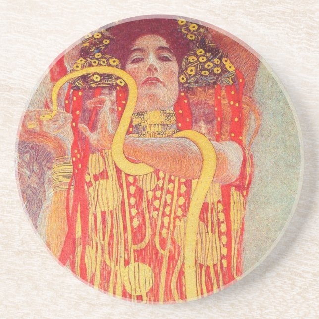 Gustav Klimt Red Woman Gold Snake Painting Coaster (Front)