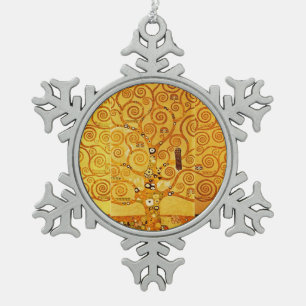 Gustav Klimt Tree of Life: Art Nouveau Symbolist Snowflake Pewter Christmas Ornament