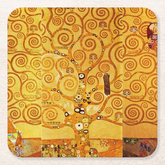 Gustav Klimt Tree of Life: Art Nouveau Symbolist Square Paper Coaster (Front)