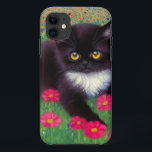 Gustav Klimt Tuxedo Cat iPhone 11 Case<br><div class="desc">iPhone Case featuring a Gustav Klimt tuxedo cat! This adorable black and white kitty sits in a field of red,  blue,  white,  and orange flowers. An awesome gift for cat lovers and Austrian art enthusiasts!</div>