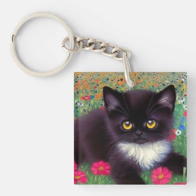 Gustav Klimt Tuxedo Cat Keychain (Front)
