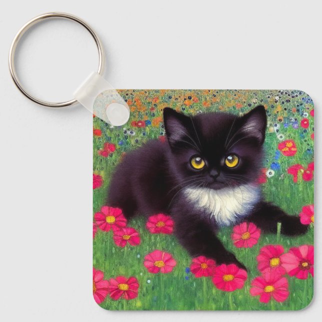 Gustav Klimt Tuxedo Cat Keychain (Front)