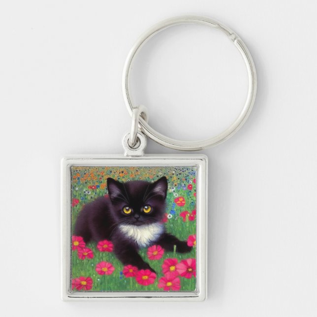 Gustav Klimt Tuxedo Cat Keychain (Front)
