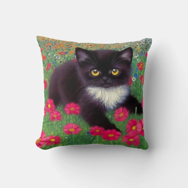 Gustav Klimt Tuxedo Cat Throw Pillow (Front)