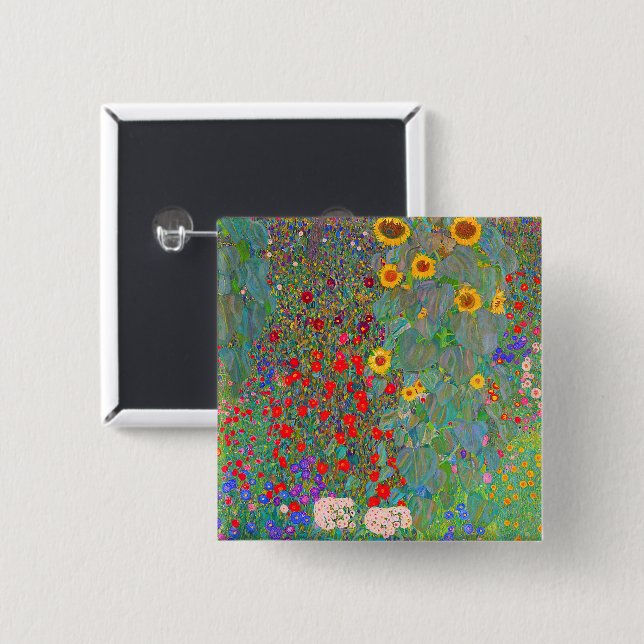 Gustav Klimt's Farm Garden with Sunflowers   2 Inch Square Button (Front & Back)