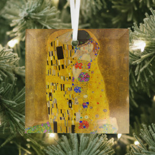 Gustav Klimt's The Kiss famous painting. Glass Ornament