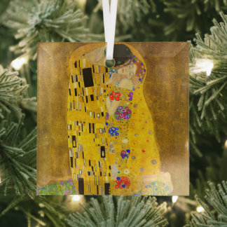 Gustav Klimt's The Kiss famous painting. Glass Ornament
