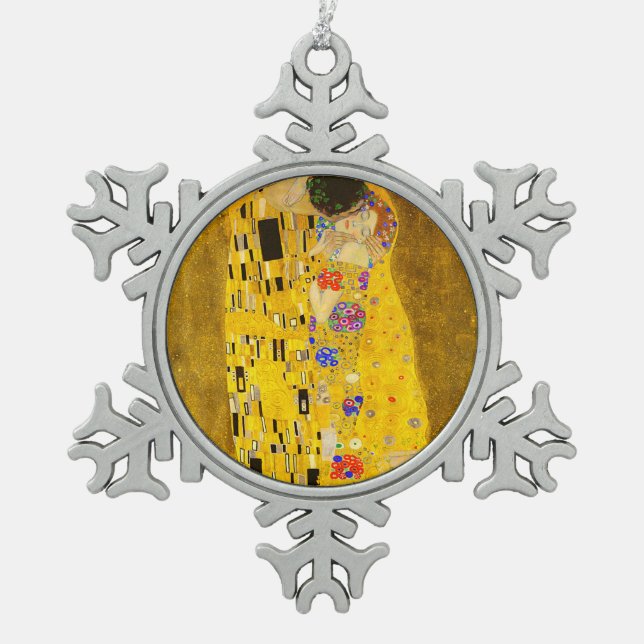 Gustav Klimt's The Kiss famous painting.      Snowflake Pewter Christmas Ornament (Front)