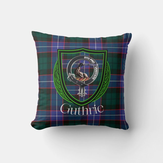 Guthrie Scottish Clan Tartan & Crest Throw Pillow (Front)