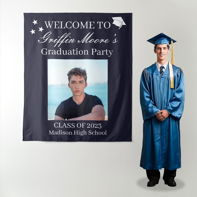 Guy Grad Modern Graduate Custom Photo Welcome Sign Tapestry (Creator Uploaded)