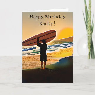 Guy on Beach with Surf Board at Sunset Card