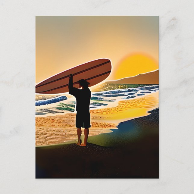 Guy on Beach with Surf Board at Sunset Postcard (Front)