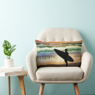 Guy on Beach with Surf Board Sunset Lumbar Pillow