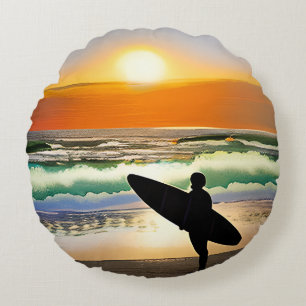 Guy on Beach with Surf Board Sunset Round Pillow