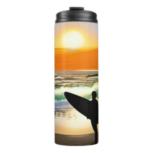 Guy on Beach with Surf Board Sunset Thermal Tumbler