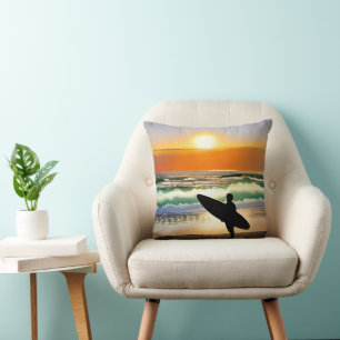 Guy on Beach with Surf Board Sunset Throw Pillow