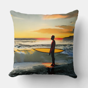 Guy on Beach with Surf Board Sunset Throw Pillow