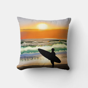 Guy on Beach with Surf Board Sunset Throw Pillow