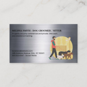 Guy Walking Dogs   Metallic Business Card