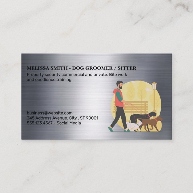 Guy Walking Dogs | Metallic Business Card (Front)