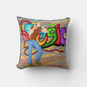 Guy With Headphones and  Music Graffiti Wall Throw Pillow